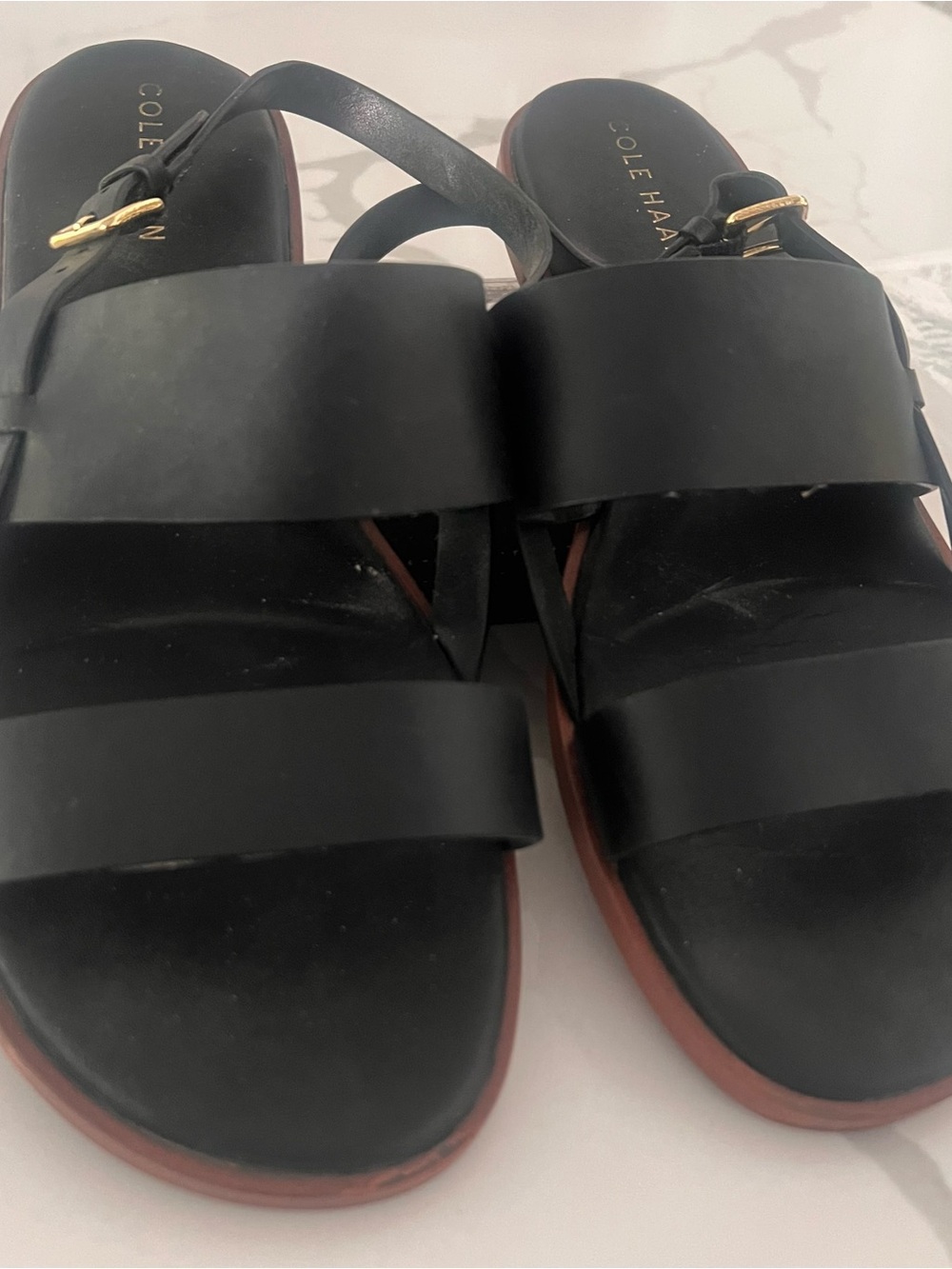 Cole Haan Black Leather Double-Band Sandals with Gold Buckles